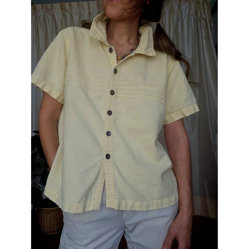 Vintage Linen Blend Buttoned Top Short Sleeve Button-Up Blouse M pink